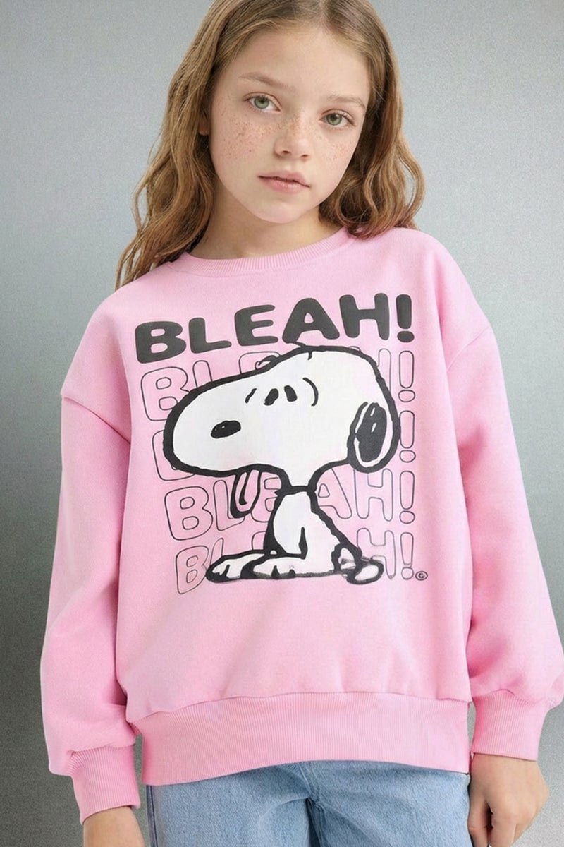 DeFacto Pink Girl Girl Snoopy Oversize Crew Neck Soft Lining Sweatshirt Casual - Image 1